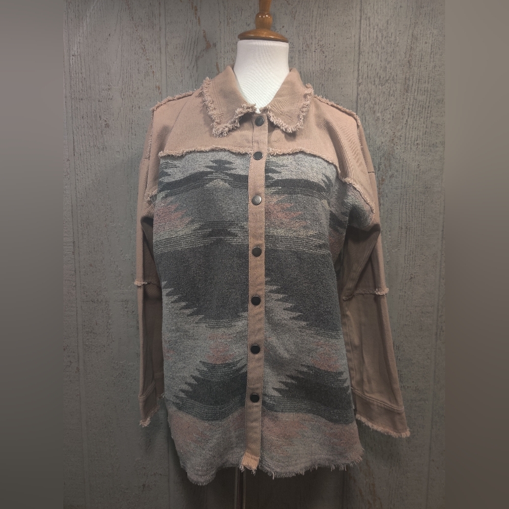 Mystree Shacket  Cotton Jean Wool Flannel Aztec Navajo Pink Grey Womens Size L